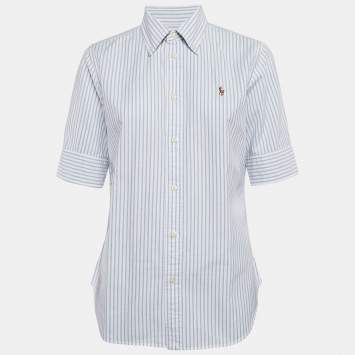 Pre Owned Ralph Lauren White/Blue Stripe Cotton Half Sleeve Shirt M