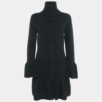 Pre Owned Ralph Lauren Black Cashmere Knit Ruffled Mid-Length Coat L
