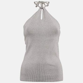 Pre Owned Ralph Lauren Grey Lurex Knit Tie-Up Halter Neck Top M