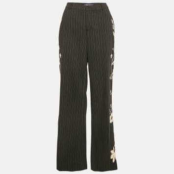 Pre Owned Ralph Lauren Black Embroidered Stripe Wool Wide-Leg Trousers M