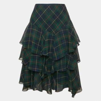 Pre Owned Ralph Lauren Green/Multicolor Plaid Crepe Tiered Midi Skirt S