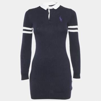 Pre Owned Ralph Lauren Navy Blue Cotton Knit Polo Sweater Dress L