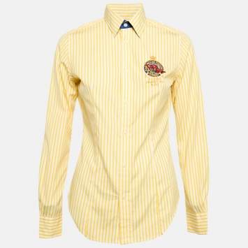 Pre Owned Ralph Lauren Yellow Striped Cotton Badge Applique Shirt M