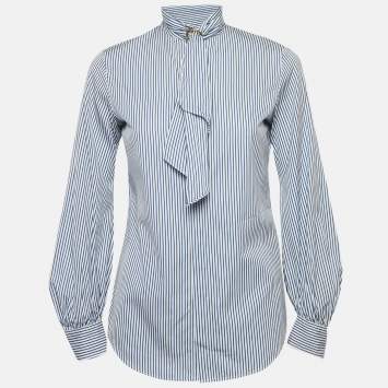 Ralph Lauren Blue Stripe Cotton Neck Detail Button Front Blouse S