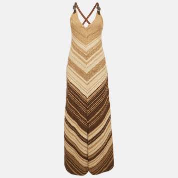 Pre Owned Ralph Lauren Brown Leather Trim Hand Knitted Maxi Dress S