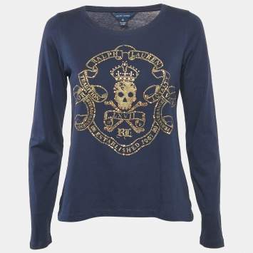 Pre Owned Ralph Lauren Navy Blue Logo Embellished Detail Cotton Knit Long Sleeve t-Shirt XL