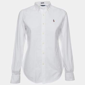 Pre Owned Ralph Lauren White Logo Embroidery Cotton Button Front Shirt M