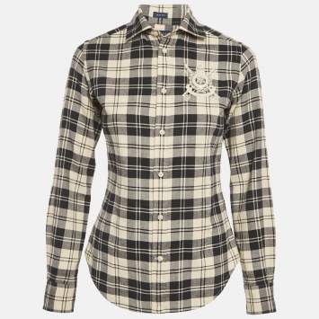 Pre Owned Ralph Lauren Navy Blue /Beige Flannel Cotton Blend Slim Fit Shirt S