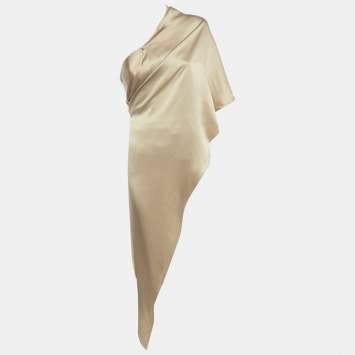 Pre Owned Ralph Lauren Gold Silk One Shoulder Asymmetric Detail Mackenzie Top M