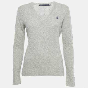 Pre Owned Polo Ralph Lauren Grey Cable Knit V-Neck Sweater M