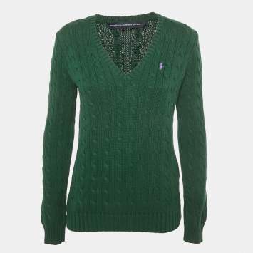 Pre Owned  Ralph Lauren Sport Green Logo Embroidered Cable Knit Sweater M