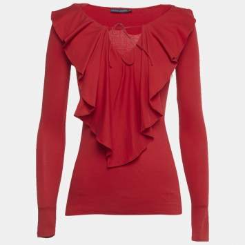 Pre Owned Ralph Lauren Red Jersey Ruffled Long Sleeve Top XS