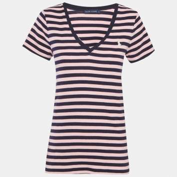 مملوكة مسبقًا Ralph Lauren Pink & Navy Blue Striped Cotton Knit V-Neckk T-Shirt L