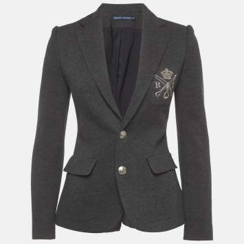 Pre Owned Ralph Lauren Grey Wool Blend RL Embroidered Logo Blazer S