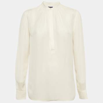 Pre Owned بلوزة نافخة الأكمام رالف لورين مزيج حرير كريمي مقاس صغير (سمول)