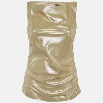 Pre Owned Ralph Lauren Beige Metallic Print Suede Sleeveless Top M