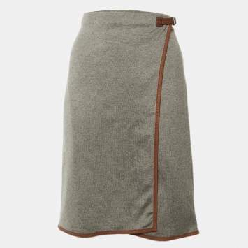 Pre Owned Ralph Lauren Grey Knit & Leather Trim Wrap Skirt M