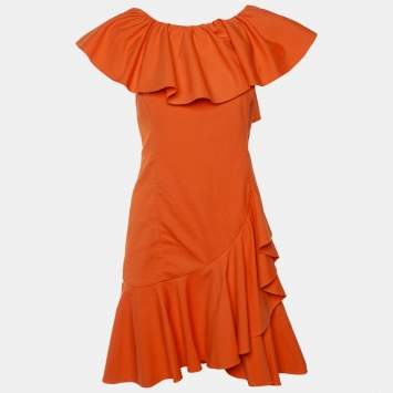 Pre Owned Ralph Lauren Orange Stretch Cotton Ruffled Dress M