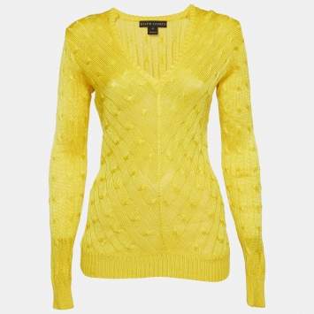 Pre Owned Ralph Lauren Yellow Cable Knit Silk V-Neck Sweater M