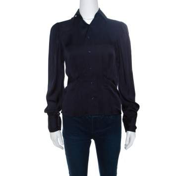 Pre Owned Ralph Lauren Navy Blue Silk Satin Pleat Detail Button Front Shirt S