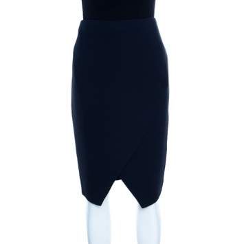 Pre Owned Ralph Lauren Navy Blue Silk Crepe Faux Wrap Kristen Skirt M