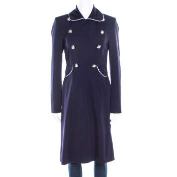 Pre Owned Ralph Lauren Navy Blue Logo Button Detail Double Breasted Coat S