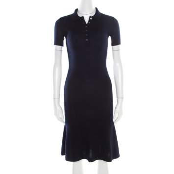Pre Owned Ralph Lauren Navy Blue Cashmere and Silk Knit Polo Midi Dress XS
