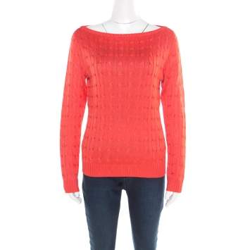 Pre Owned Ralph Lauren Coral Pink Silk Cable Knit Bateau Neck Pullover L