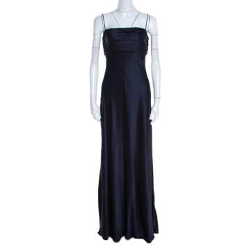 Pre Owned Ralph Lauren Midnight Blue Silk Pleated Bandeaux Bodice Evening Gown S
