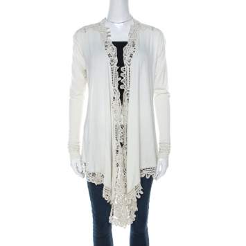 Pre Owned Ralph Lauren Cream Stretch Jersey Crochet Trimmed Long Sleeve Shrug M 