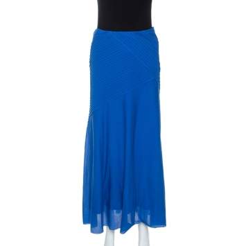Pre Owned Ralph Lauren Blue Cotton Pintuck Detail Maxi Skirt S
