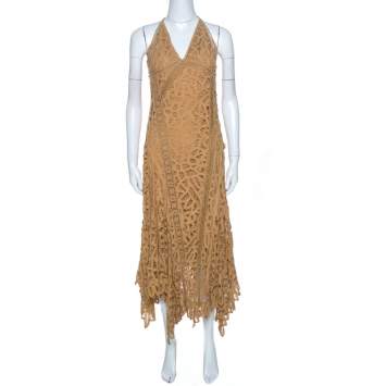 مملوكة مسبقًا Ralph Lauren Tan Brown Silk Lined Lace Halter Dress M