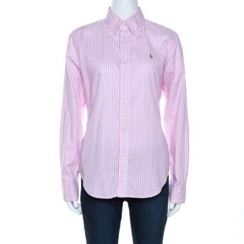 Pre Owned Ralph Lauren Pink Striped Cotton Oxford Super Slim Fit Shirt M