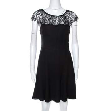 مملوكة مسبقًا Polo by Ralph Lauren Black Crepe Lace Trim Detail Dress S