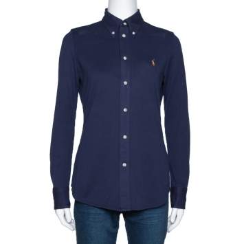 Pre Owned Ralph Lauren Navy Blue Logo Embroidered Knit Oxford Fitted Shirt M