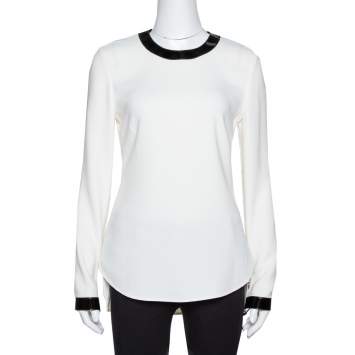 مملوكة مسبقًا Ralph Lauren Off White Crepe Contrast Leather Trim Blouse S