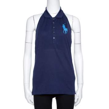Pre Owned Ralph Lauren Navy Blue Cotton Halter Neck Polo T-Shirt L