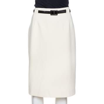 Pre Owned Ralph Lauren Cream Wool Crepe Belted Skirt L 