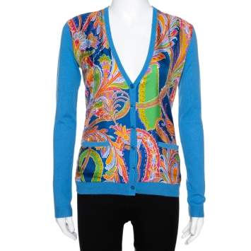 Pre Owned Ralph Lauren Blue Cashmere Paisley Print Silk Overlay Cardigan S