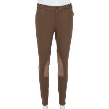 Pre Owned Ralph Lauren Brown Stretch Cotton Leather Patch Trousers M