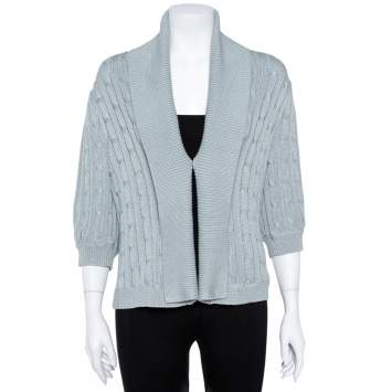 Pre Owned Ralph Lauren Pale Blue Cotton Cable Knit Shawl Lapel Cardigan L