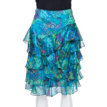 Pre Owned Ralph Lauren Blue Printed Silk Ruffle Detail Mini Skirt S