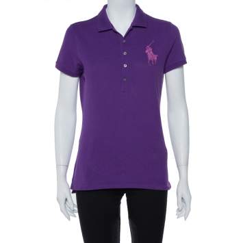Pre Owned Ralph Lauren Purple Stone Embellished Logo Detail Polo T-Shirt L