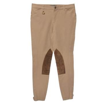 Pre Owned Ralph Lauren Khaki Brown Stretch Cotton Leather Patch Trousers M