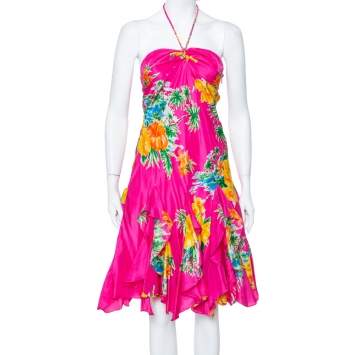 مملوكة مسبقًا Ralph Lauren Magenta Tropical printed Silk Halter Neck Mini Dress S