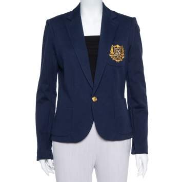 Pre Owned Ralph Lauren Navy Blue Knit Logo Embroidered Pocket Detail Blazer L