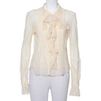 Pre Owned Ralph Lauren Cream Tulle Ruffle Detail Button Front Top M