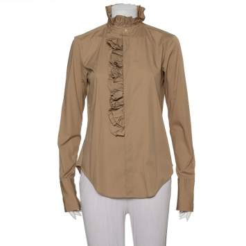 Pre Owned Ralph Lauren Beige Cotton Ruffle Detail Button Front Top L