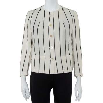 Pre Owned Ralph Lauren Cream Striped Linen Button Front Jacket S