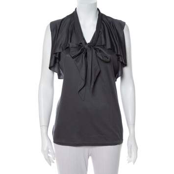 Pre Owned Ralph Lauren Dark Grey Lyocell Ruffled Neck Tie Detail Sleeveless Top L